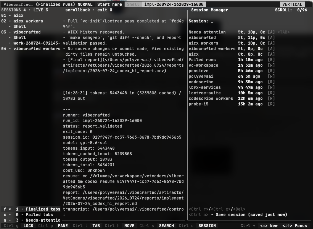 vc-frame: session rail, finalized run report, Session Manager, f/x/n strip