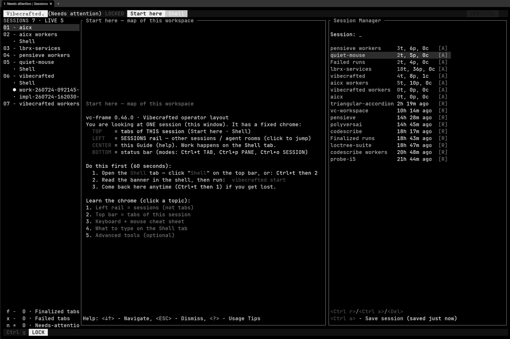 vc-frame Start here guide with sessions list and Session Manager
