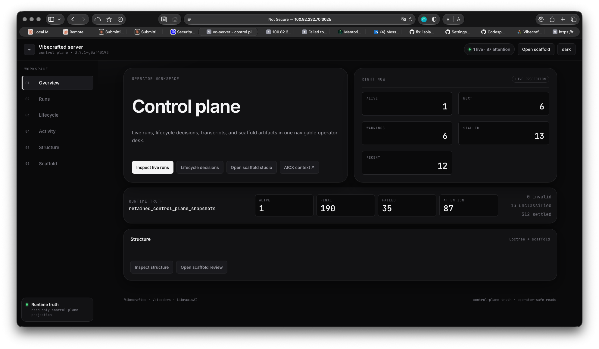 Vibecrafted server control plane overview with live runs and runtime truth counters